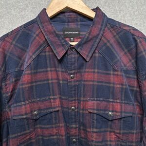 Lucky Brand Mens XXL Corduroy Western Pearl Snap Plaid Shirt Navy Multi New